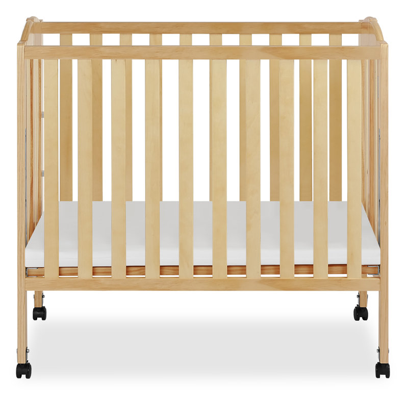 Natural Pine Convertible Folding Portable Crib with Locking Wheels
