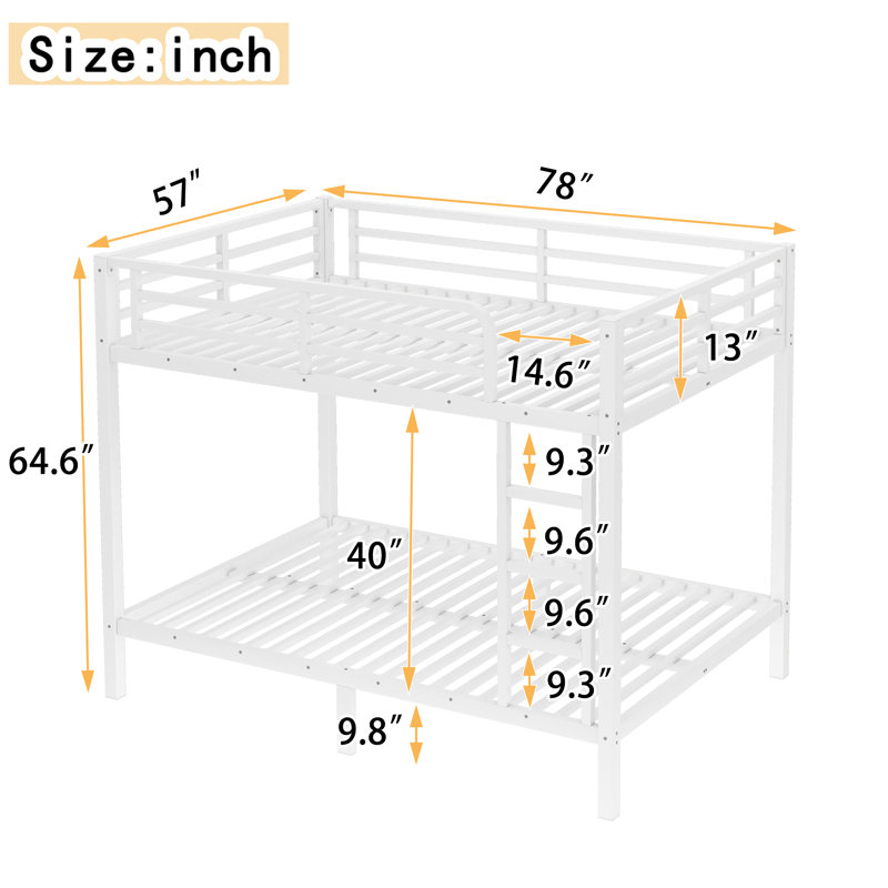 Metal Full over Full Bunk Bed for Teens & Adults, Space-Saving, No Box Spring Needed, White, Full over Full