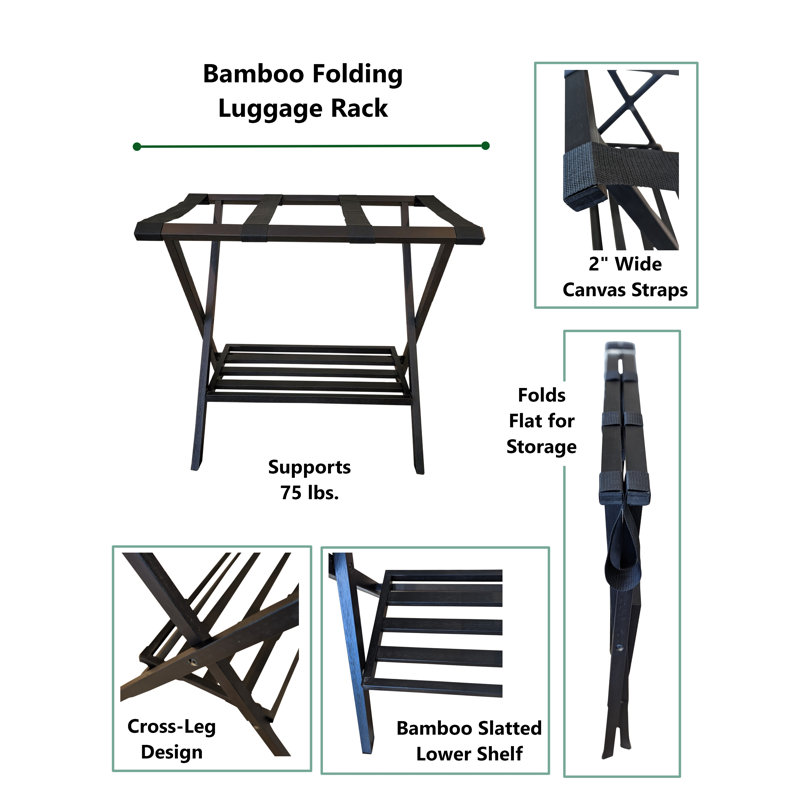 Brushed Black Bamboo Folding Luggage Rack with Shelf