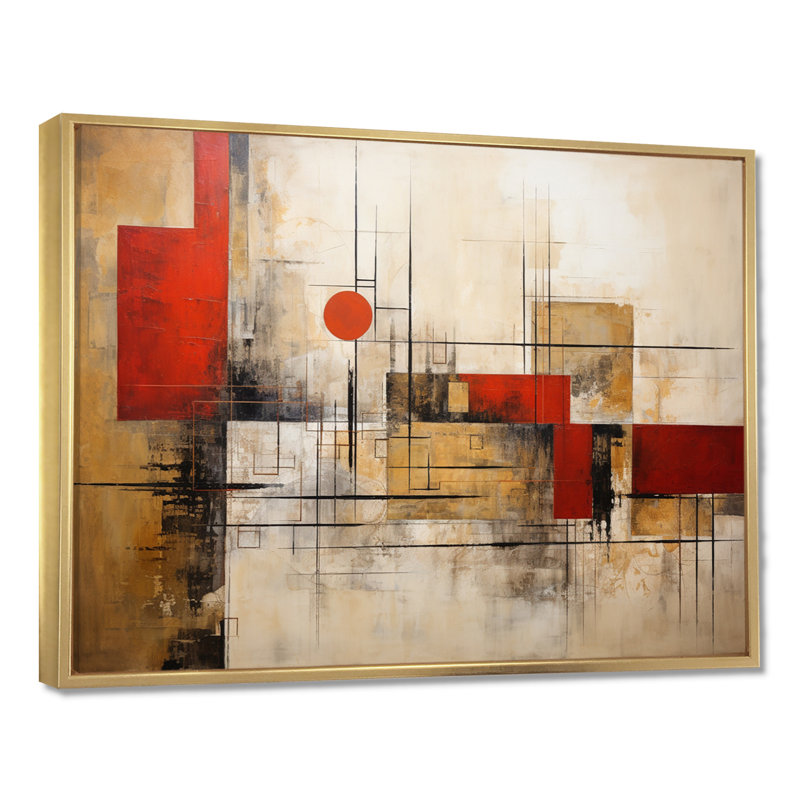 «Red Moon Gold Cubist Abstract», reproduction d'art géométrique murale, Cadre flottant doré, H 34 po x l 44 po