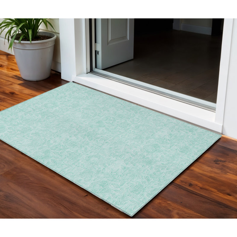 3' X 5' Teal Blue And Aqua Floral Washable Indoor Outdoor Area Rug