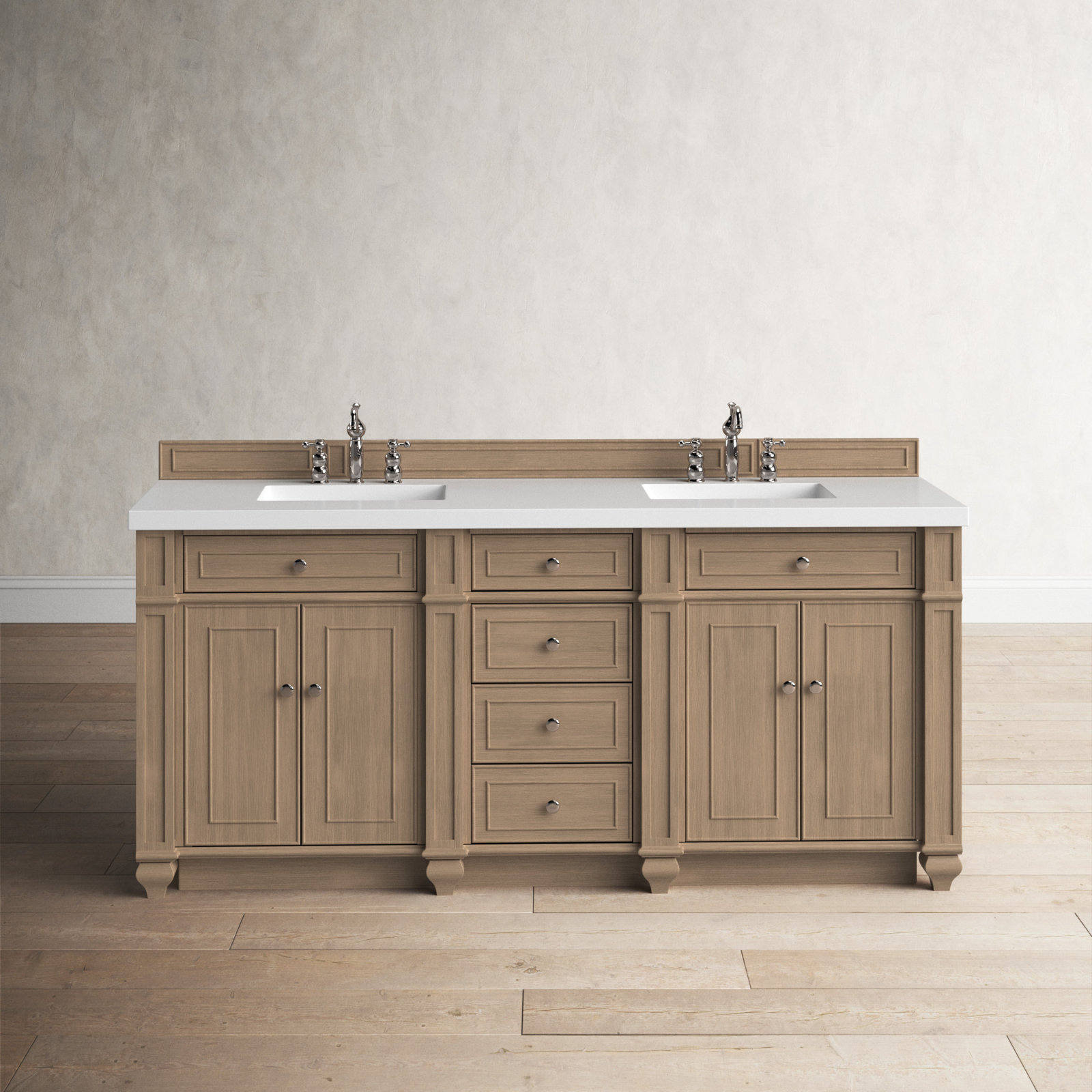 Bristol 72'' W Double Vanity, Whitewashed Walnut, White Zeus, 8" Widespread