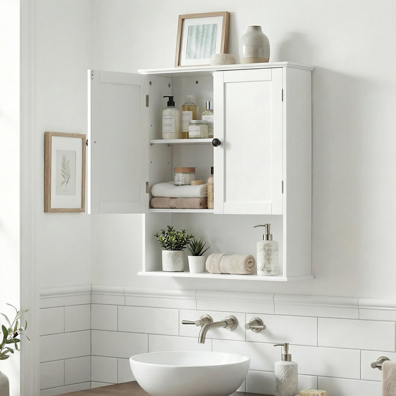 29.5" W x 29.4" H Wall Mounted Bathroom Storage Cabinet with Double Doors and Open Shelf, Over The Toilet Medicine Cabinet for Bathroom, Kitchen, Living Room
