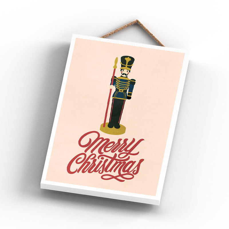 Xmas Merry Christmas Nutcracker Wooden Plaque, 28.5cm H x 18.5cm W x 0.9cm D, Pink/Red