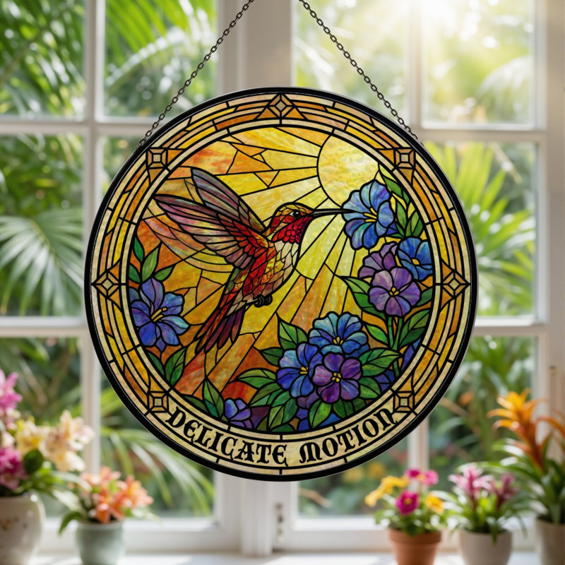 Panneau de vitrail 12 "Hummingbird Flowers, H 12 po x l 12 po