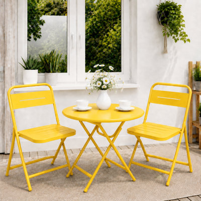 3-Piece Steel Folding Bistro Set, Premium Weather-Resistant Patio Table & 2 Chairs for Balcony, Garden, Yard, Poolside & Indoor (Round, Yellow)