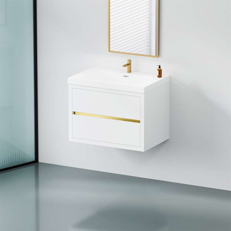 Meuble-lavabo de salle de bain mural 30 po avec lavabo en résine et tiroir, Blanc lustré