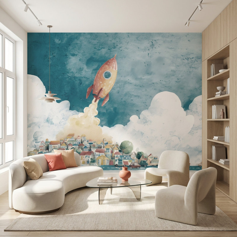 Rocket Wallpaper Town Removable Clouds Wall Mural, Textured Non-Pasted, 160"x108"