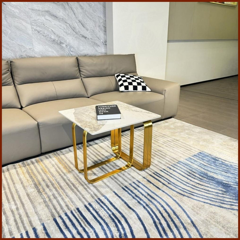 Table basse rectangulaire en pierre frittée de salon - structure en métal doré, résistante aux égratignures et amp; Facile à nettoyer