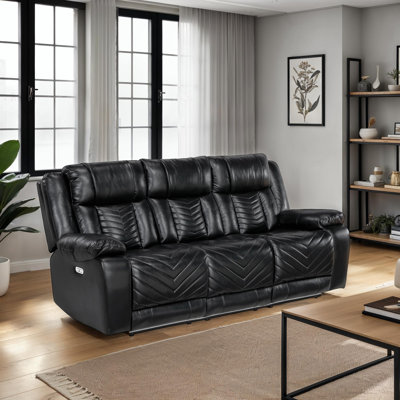Canapé inclinable électrique en similicuir de 87 po avec table rabattable, chargeur sans fil, ports USB, éclairage DEL et porte-gobelets Marlow.