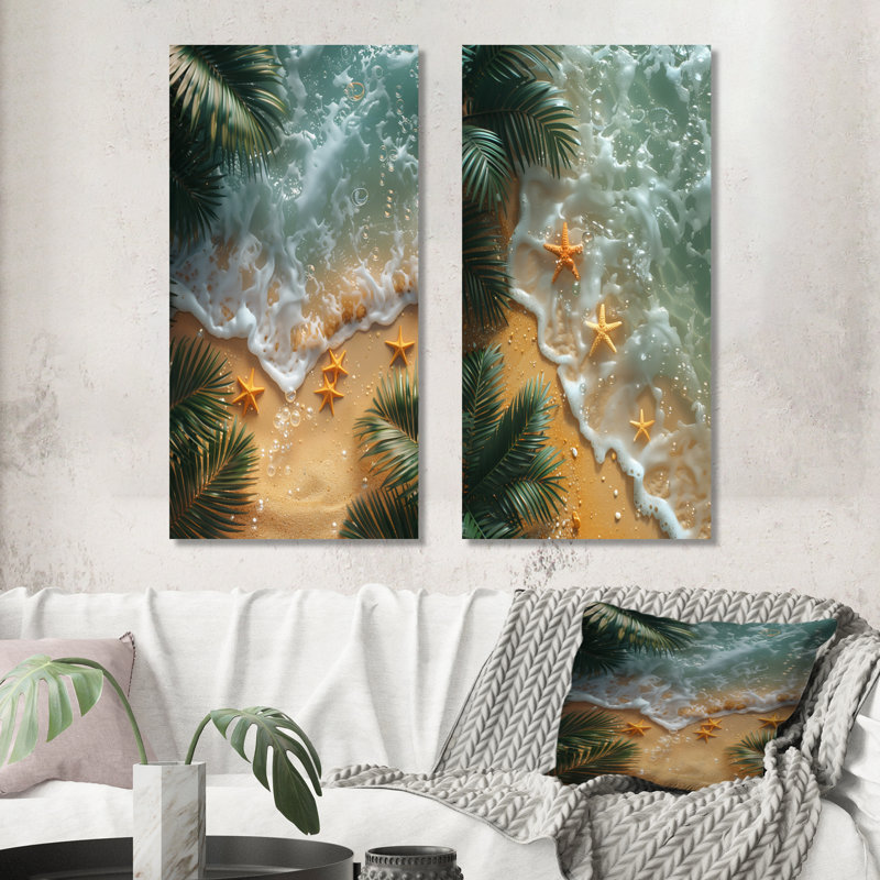 Étoile de mer à la plage tropicale III - ensemble d'art mural de plage 2 pièces, Toile tendue, H 28 po x l 24 po
