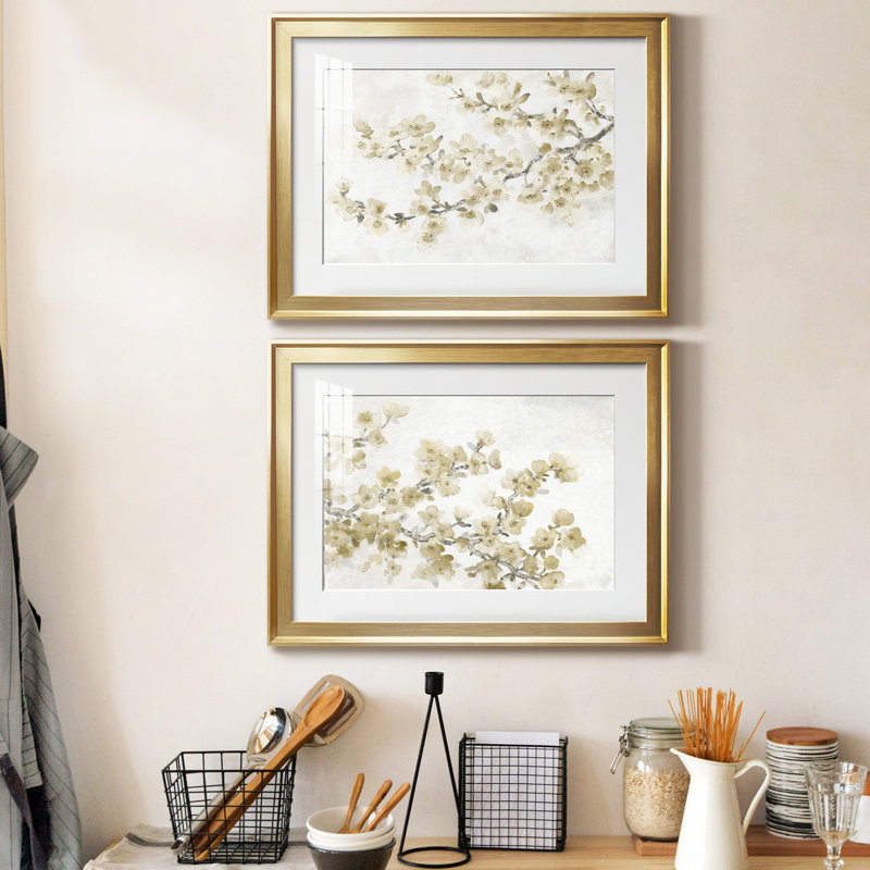 Neutral Cherry Blossom Composition I - ensemble de 2 reproductions de cadres photo, Cadre doré, H 24,5 po x l 37 po x P 1 po