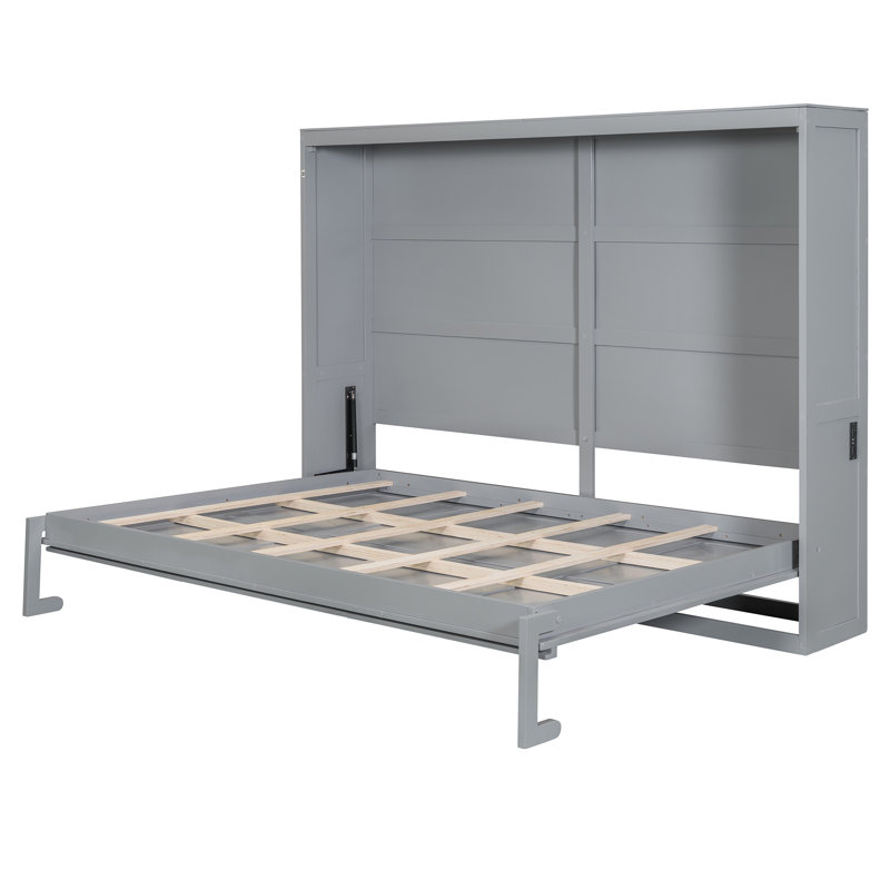  Grand lit escamotable mural avec lattes flexibles et conception d'armoire pliante, peu encombrant, gris, Gris