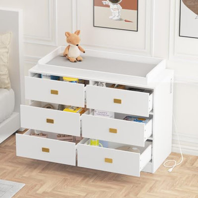 6-Drawer Nursery Dresser & Changing Table - Removable Top with Changing Pad, Built-In Power Outlets - Convertible Baby Dresser
