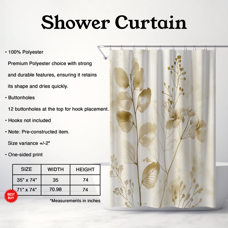 Rideau de douche standard 1 pièce, H 74 po x l 71 po
