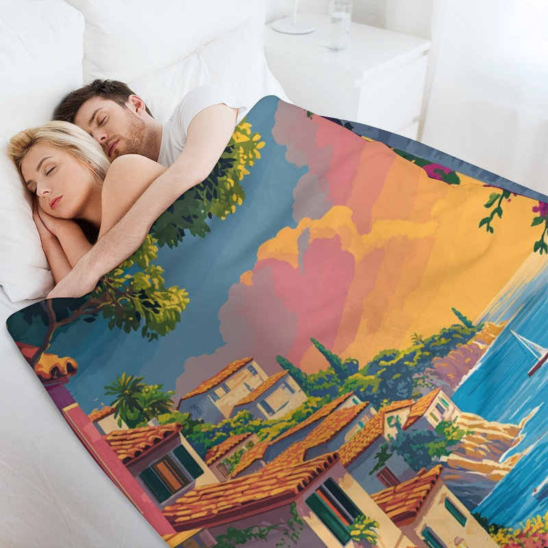 Jeté en flanelle Coastal Village Sunset Ocean View, 50 x 60 po