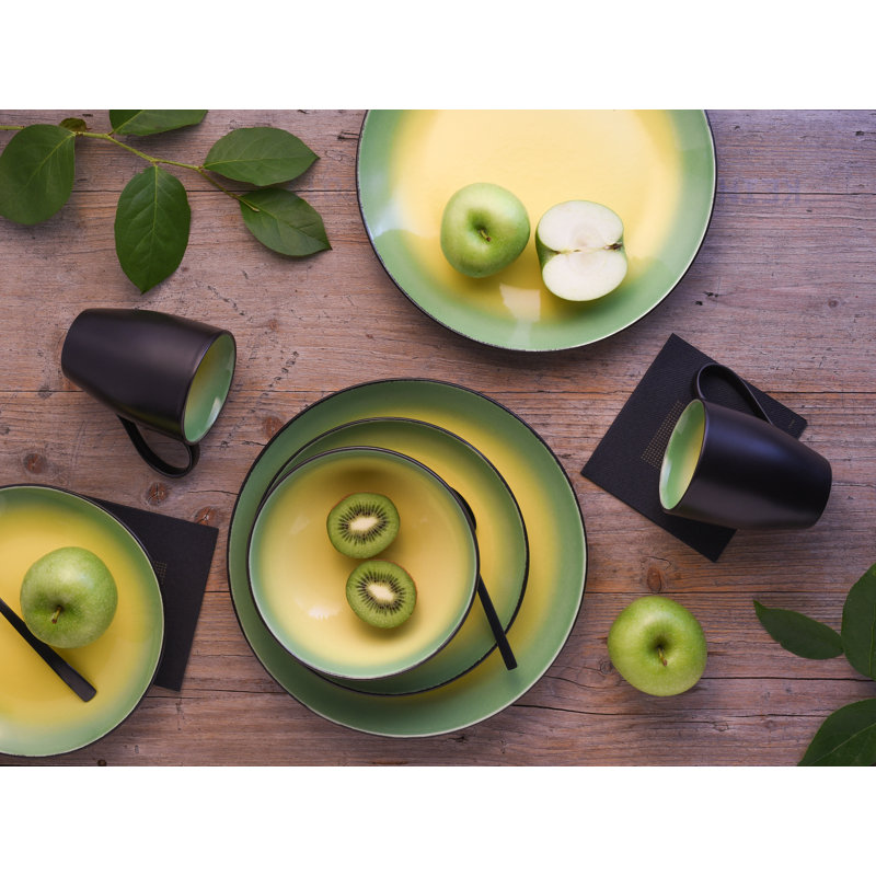16 Piece Dinnerware Set, Service for 4, Black/Green/Yellow