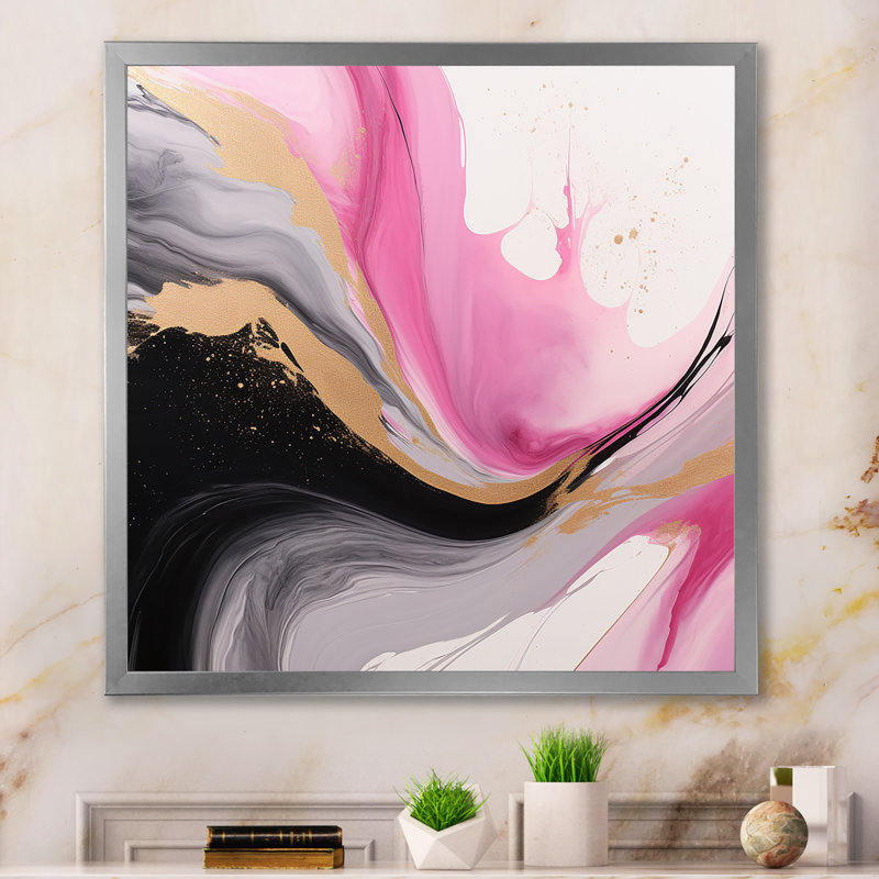 «Wild Promises Abstract Gold Wave» rose et noir - reproduction sur toile, H 30 po x l 30 po x P 1 po, Cadre simple argenté