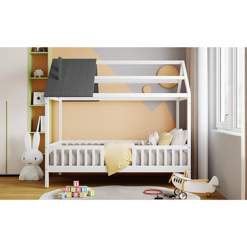 Lit simple en bois avec clôture, Blanc / gris