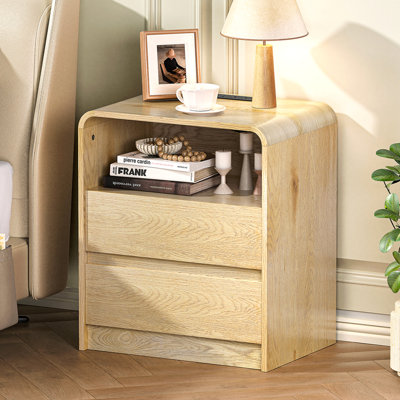 Table de chevet moderne avec station de charge, table de chevet haute en bois de 25 po avec 2 tiroirs et ports USB, table de bout de style Mid-Century pour la chambre à coucher (1, nature lisse, 2 tiroirs)