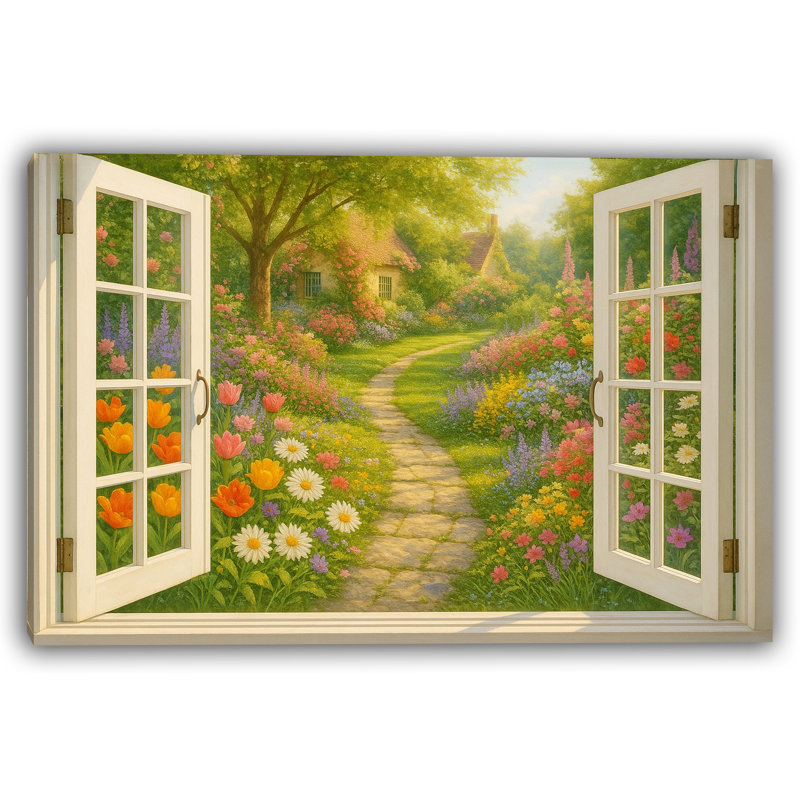 Cottage Garden Pathway - Sentier en fleurs à travers une fenêtre ouverte, H 16 po x l 24 po