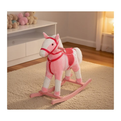 Cheval à bascule rose en peluche avec sons électroniques pour tout-petits