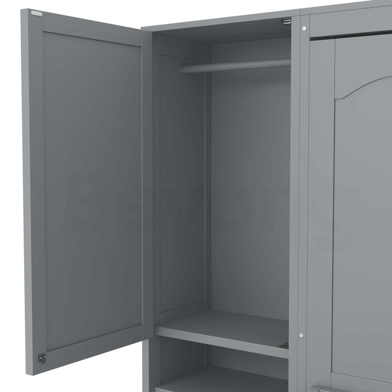 Lit escamotable double pleine grandeur avec placard, tiroirs et tablettes pour économiser de l'espace et une vie moderne en gris