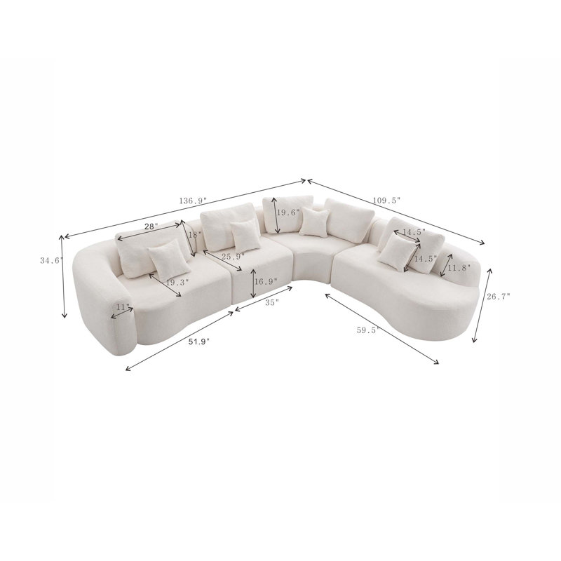 Canapé d'angle modulaire incurvé blanc de 136,9 pouces, canapé nuage compressé sous vide, ensemble de canapés d'angle surdimensionné avec coussins décoratifs, aucun assemblage requis, canapé incurvé à assise profonde pour grand salon.