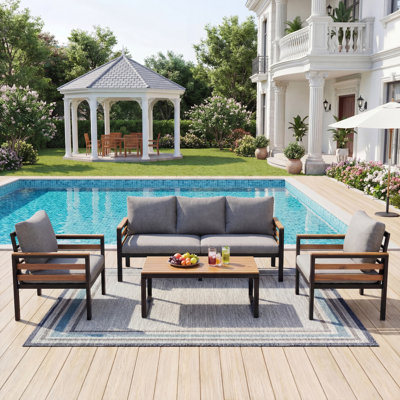 4-Piece 5-Seat Patio Conversation Furniture Set, Outdoor Patio Sofa with Acacia Wood Armrests, Removable Cushions & Solid Wood Coffee Table