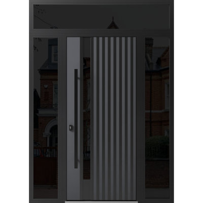Façade avant en acier pré-suspendue / gris Ronex 0144/2 fenêtres latérales et latérales supérieures latérales / entrée en métal peint moderne l 16 + 36 + 16 po x H 80 + 16 po à droite