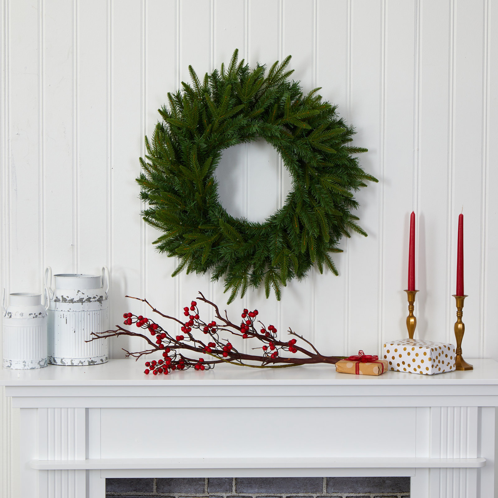 24'' Faux Pine Lighted Silk, Pinecones Wreath