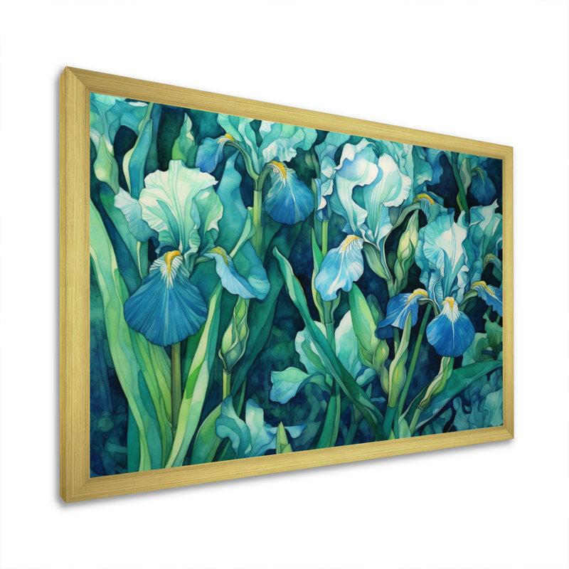 «Green Irises Petal IV» sur toile, Encadrement doré, H 16 po x l 32 po x P 1 po