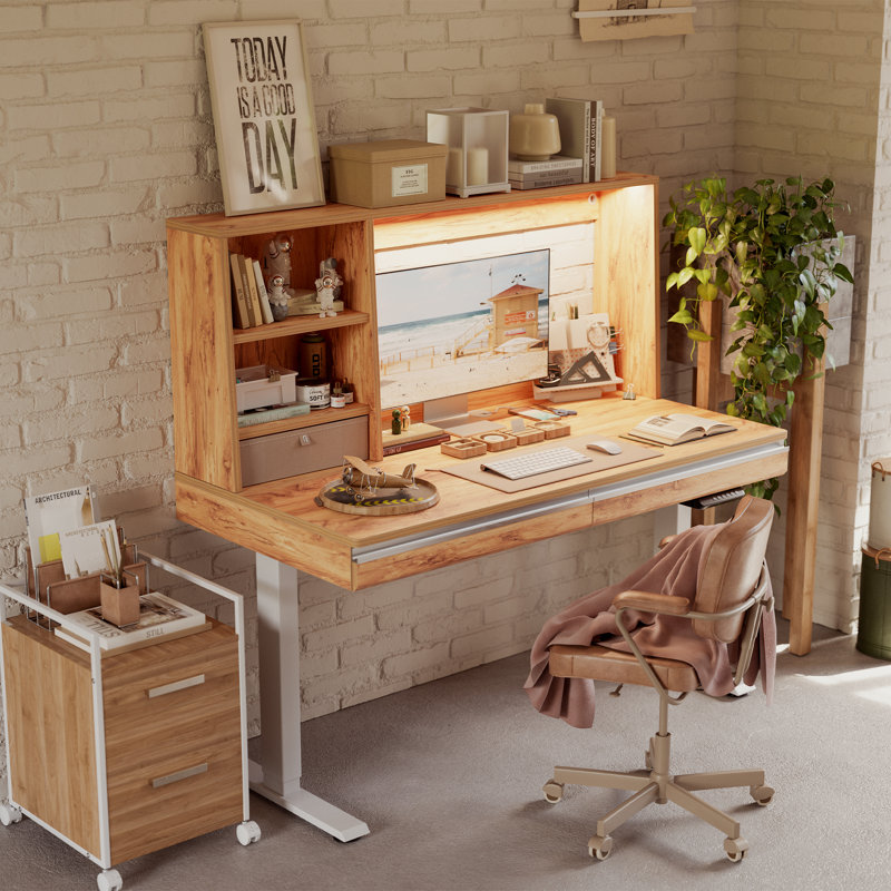 Bureau debout à hauteur réglable avec huche, Rustique clair / blanc