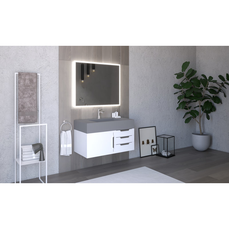 Modern 36" Wall-Mounted Single Bathroom Vanity Set with Mirror, Brushed Nickel, Gray, Gray