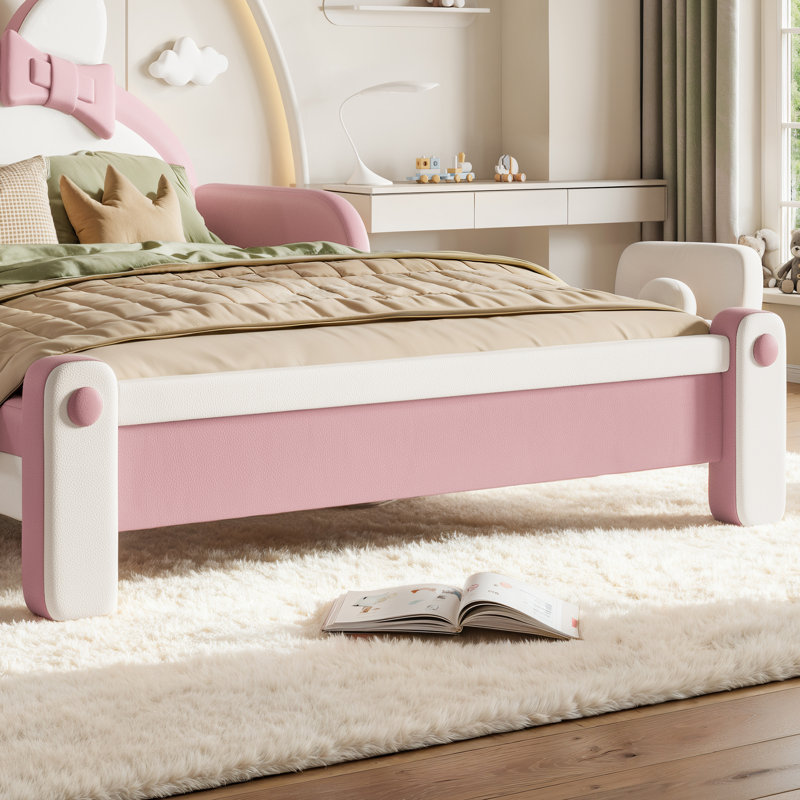 Lit plateforme tapissier pour enfant complet en forme de chat, cadre de lit pour enfant à profil bas de style princesse pour chambre à coucher, blanc et rose