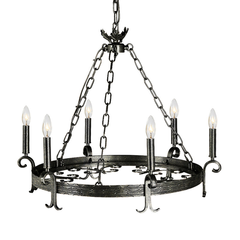 Veranda 6 - Light Candle Style Wagon Wheel Chandelier with Wrought Iron Accents, Antique Black