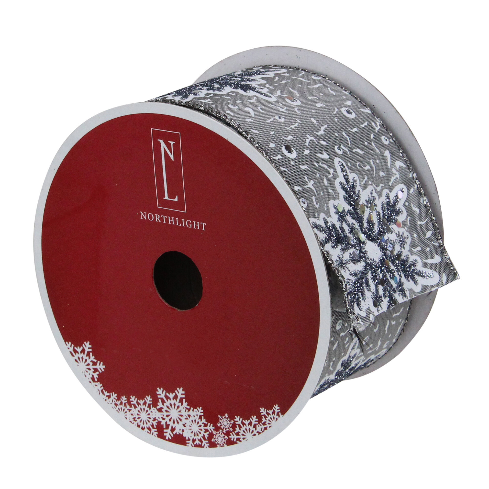 Northlight Gray and White Glitter Snowflake Christmas Wired Craft Ribbon  2.5 x 16 Yards