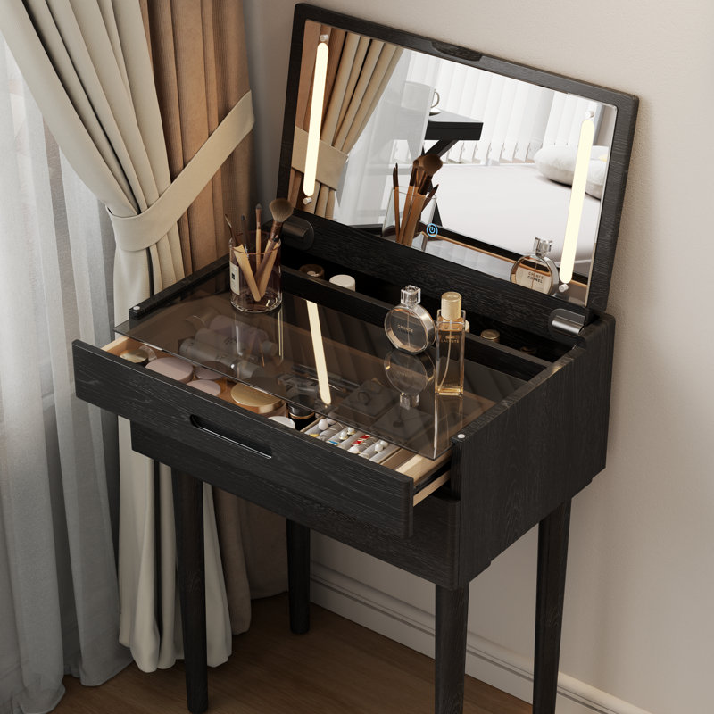 Solid Wood Makeup Vanity, Flip‑Top Lighted Mirror, Glass Tabletop, 3‑Mode Adjustable Brightness, Easy Assembly, Black