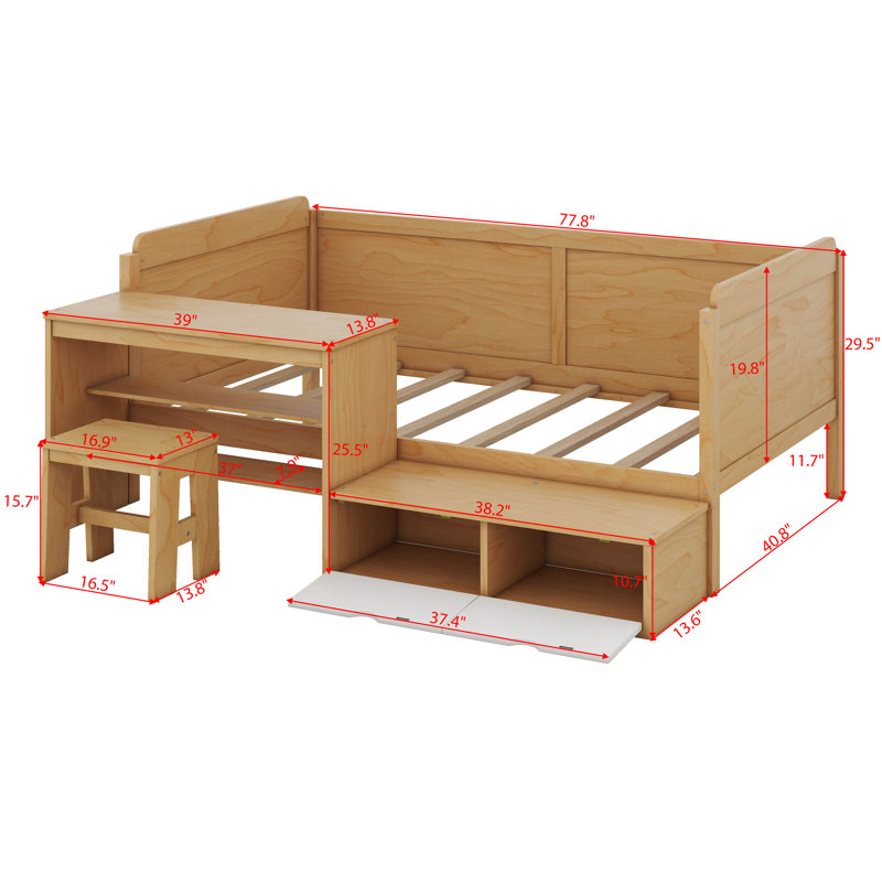 Dancy Twin Size Daybed With Desk And Shelves, Multi-Functional Bed Bed Frame With Lockers And Matching Stool, Natural