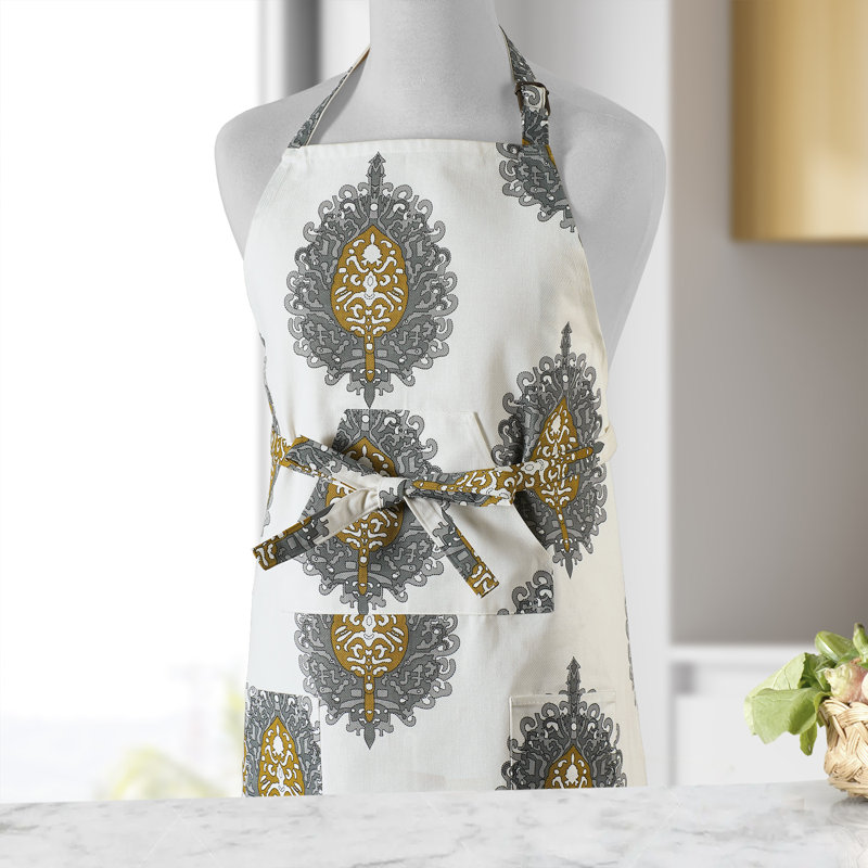 Printed Cotton Kitchen Apron with Pockets Adjustable, Mayan Gold