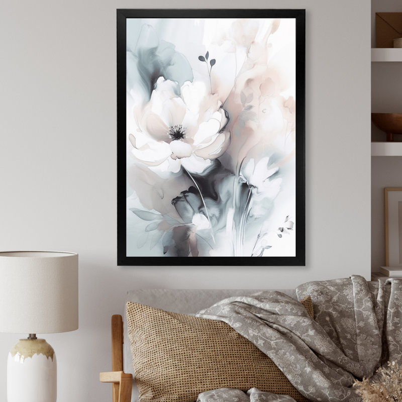 Douces fleurs gris clair II - art mural floral, Cadre photo noir, H 20 po x l 12 po