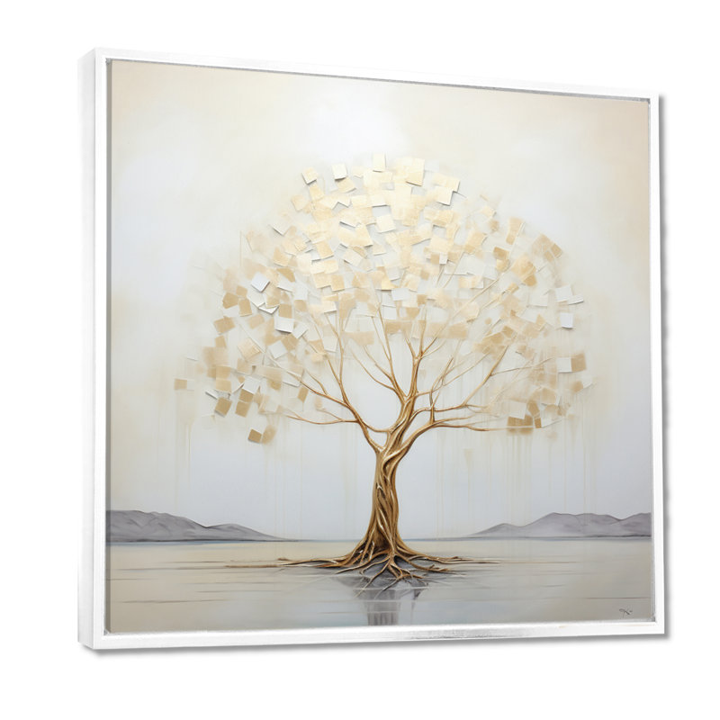 Arbre doré dans un lac au début du printemps II - arbre, art mural dans le salon, H 16 po x l 16 po