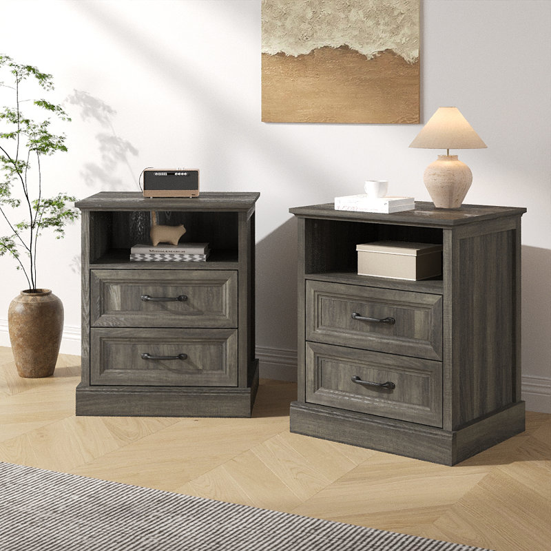 Table de chevet Farmhouse avec 2 tiroirs, petite table de chevet en bois pour commode de chambre à coucher et de salon, Gris