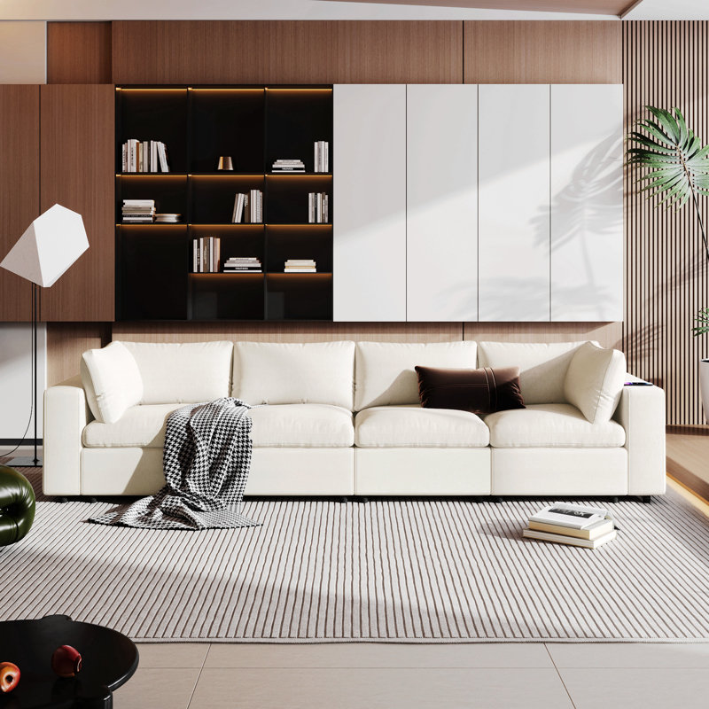 Upholstered Modular Sofa With Storage Space, USB/Wireless Charging & Bluetooth Speaker In Arm, Beige Polyester