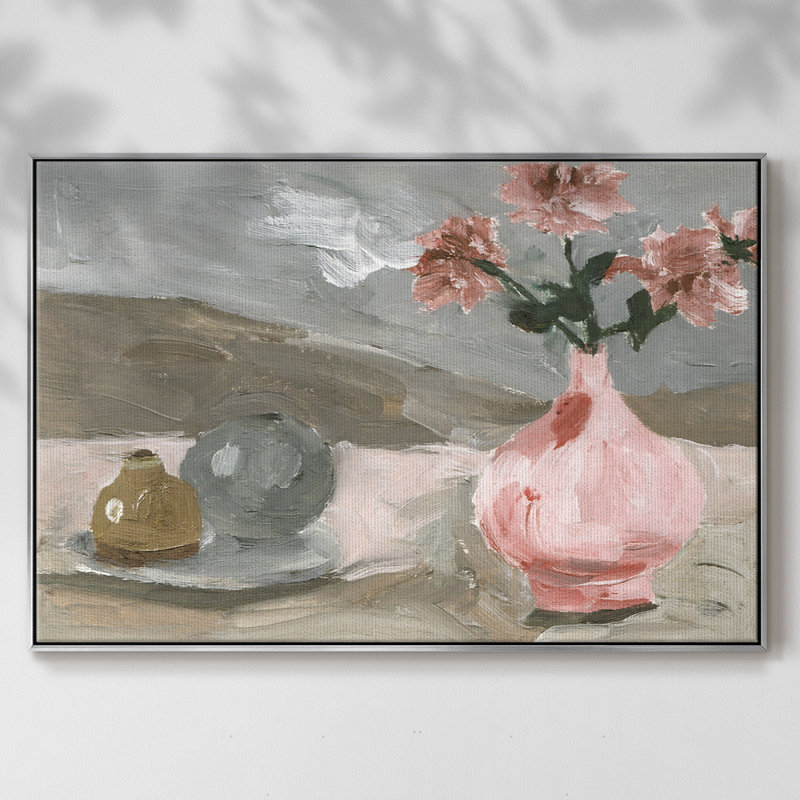 Vase de fleurs roses VI, H 17 po x l 25 po x P 2 po, Argent