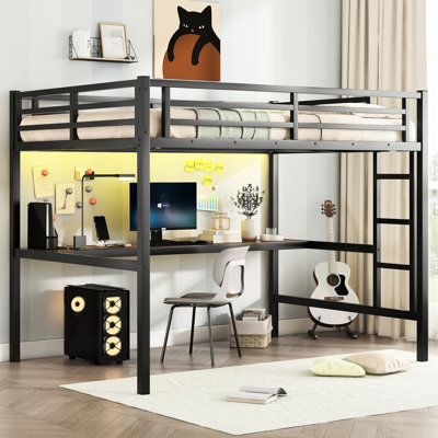 Metal Space Loft Bed With Desk, Power Point, Led - Noise Minimizing, Black Desk & , Charging Convenient