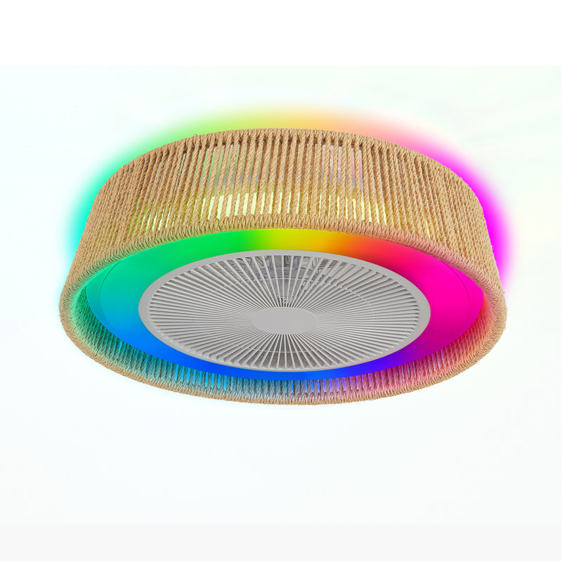 Ventilateur de plafond rustique moderne de 21 po avec éclairage d'ambiance à DEL RVB, conception tissée en corde, ventilateur silencieux, plafonnier semi-encastré pour la chambre à coucher, le salon ou la salle à manger ((silencieux / 6 vitesses / réversible / moteur à courant continu))