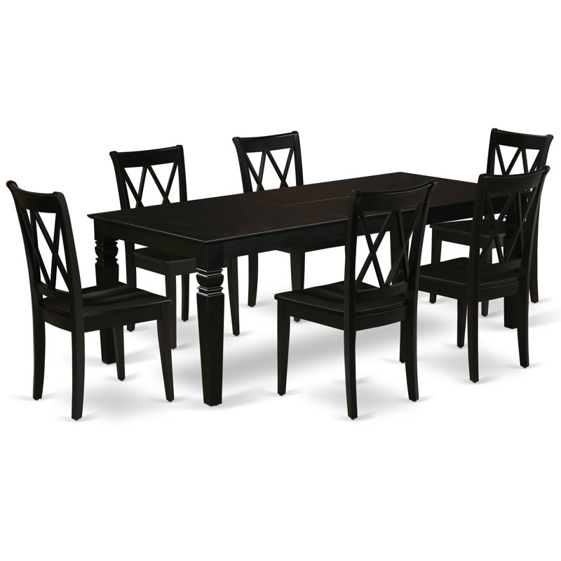7 Piece Dining Table Set Consist of a Rectangle Dining Room Table with Butterfly Leaf and 6 Wood Seat Chairs, Black