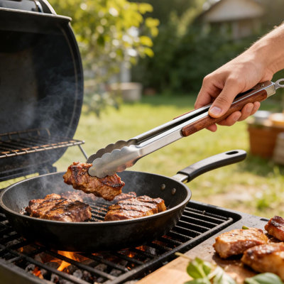 Ensemble 3 pièces d'outils de barbecue, pinces à fourche en acier inoxydable avec poignées en bois