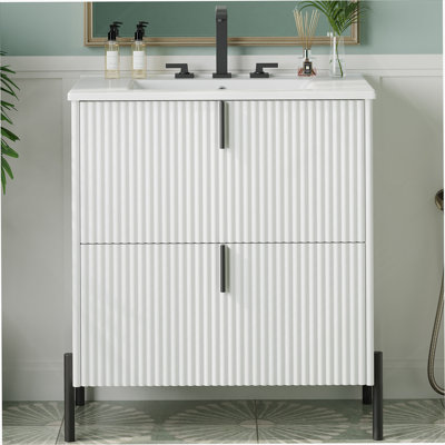 Meuble-lavabo autoportant de 30 po avec lavabo en céramique, poignées verticales et tiroirs pleine extension, meuble-lavabo autoportant avec glissières de tiroir à fermeture en douceur